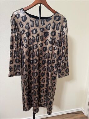 Sequin Leopard Print Shift Dress - Black & Gold